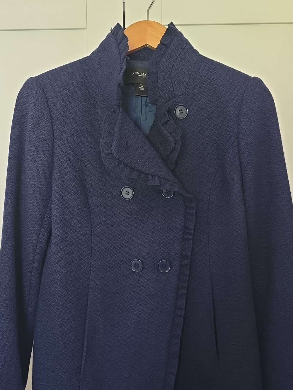 Ann Taylor Navy Blue Fall Spring Ruffled Pea Coat - Picture 2 of 10
